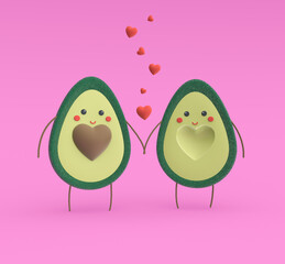 3d render illustration. Two halves of an avocado are holding hands. Between them hearts and love
