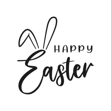 Happy Easter vector lettering with bunny ears. Isolated on white background