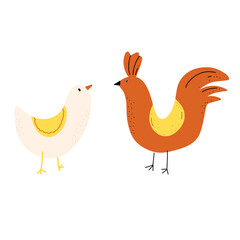 Vector illustration of chicken, hen, rooster in cartoon doodle style