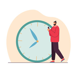 Worker or student with phone in front of big clock. Man planning day using mobile application flat vector illustration. Time management concept for banner, website design or landing web page
