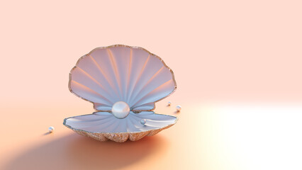 Open shell with a pearl on light sunshine background
