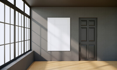 vertical picture frame mock up in modern empty gray room interior eith wooden floor and gray wall, 3d rendering