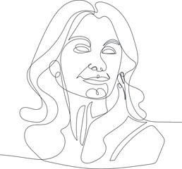 Continuous one line drawing of portrait middle age woman looking and touching her skin. Vector illustration. Minimal outline concept