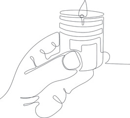 Continuous line drawing of candle in human hand, scented candles in spa salon. Vector illustration
