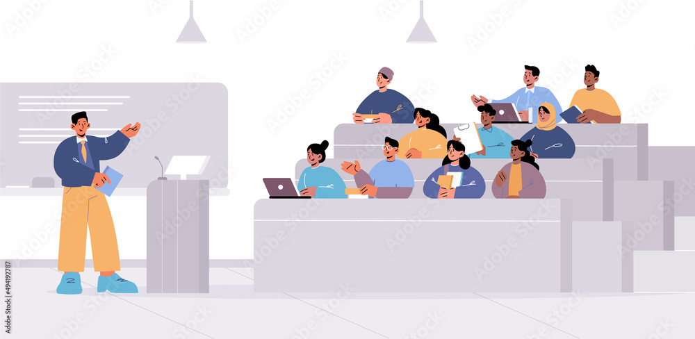 Wall mural students in lecture hall with teacher explain information. learning process in university auditorium