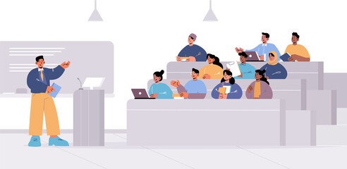 Students in lecture hall with teacher explain information. Learning process in university auditorium with scholars and professor in seminar, education, studying concept, Line art vector illustration - obrazy, fototapety, plakaty