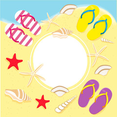 Vacation or vacation at sea, scattered flip flops, seashells, starfish beach, holiday and travel concept