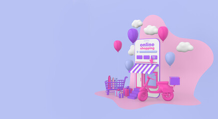 3d rendering concept illustration of online shopping in smartphone. 
The picture shows: phone, balloons, shopping trolley, bags and boxes, scooter with delivery box. Modern trendy design bright colors