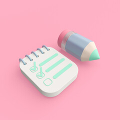 3d rendering illustration of notepad and pencil. Modern trendy design.