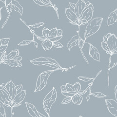 Vector Beautiful Delicate Magnolia Florals Lineart on Sky Blue seamless pattern background. Perfect for fabric, scrapbooking and wallpaper projects.