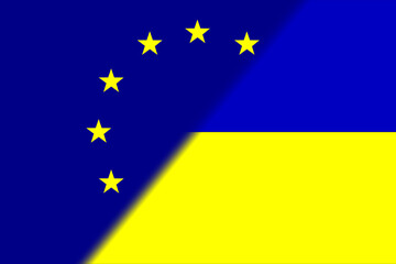 European Union (EU) and Ukraine. European Union flag and Ukraine flag. Concept of aid, association of countries, political and economic relations. Horizontal design. Abstract design. OTAN-NATO flag.