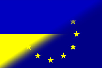 European Union (EU) and Ukraine. European Union flag and Ukraine flag. Concept of aid, association of countries, political and economic relations. Horizontal design. Abstract design. OTAN-NATO flag.