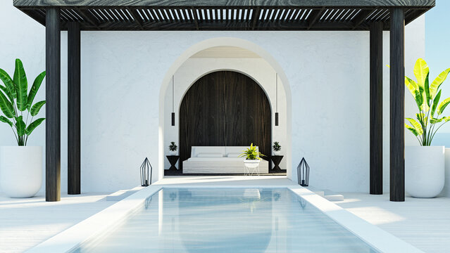 Bedroom sea view & Beach living - Santorini island style / 3D rendering