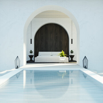 Bedroom sea view & Beach living - Santorini island style / 3D rendering