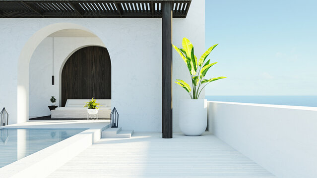 Bedroom sea view & Beach living - Santorini island style / 3D rendering