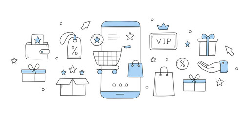 Loyalty program rewards doodle concept with shopping trolley at smartphone screen. Mobile application for vip clients, gift box, hand, percent sign, sale coupon star, box Line art vector illustration