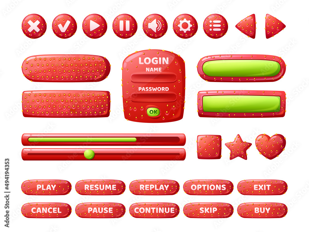Poster buttons with strawberry texture for game interface. vector cartoon set of gui elements from red berr