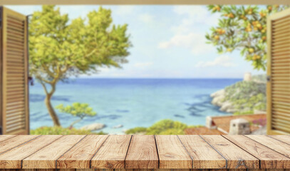 Fototapeta premium Empty wooden table with window in the beach on background 