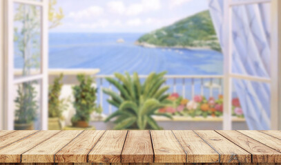 Empty wooden table with window in the beach on background
