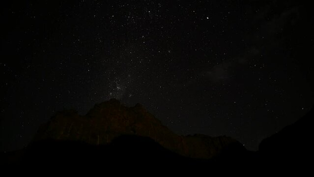 Night sky stars, Milky way galaxy moving over the mountain ridge time-lapse. Moving and rotating stars. Video made in southern hemisphere.