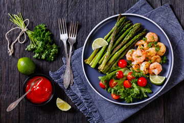 toasty asparagus with fried prawns, lime and salad