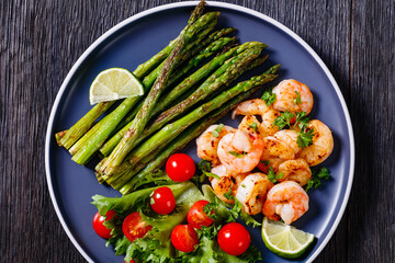 toasty asparagus with fried prawns, lime and salad