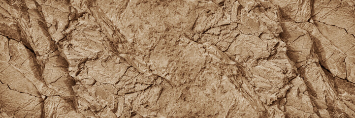 Light brown rock texture. Mountain rough surface. Close-up. Stone wall background with copy space for design. Wide banner. Panoramic.