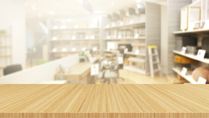 wood desk on blurry shop sells office tables and chairs background,mock up