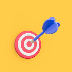 3d rendering illustration of the dart hits the target. Modern trendy design. Target board. Pastel colors. 