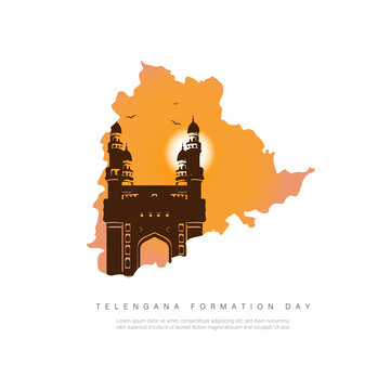 Telangana Formation day vector illustration with Telangana map and Charminar.