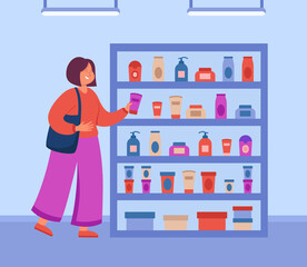 Cartoon woman buying beauty products in shop. Girl choosing eco-friendly cream, shampoo or body lotion, skincare or makeup products flat vector illustration. Cosmetics, cosmetology concept for banner