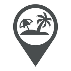 Beach holidays. Destino de vacaciones. Icono plano silueta de isla con palmera y parasol en puntero de posición color gris