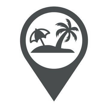 recommend clip art: Beach holidays. Destino de vacaciones. Icono plano silueta de isla con palmera y parasol en puntero de posición color gris