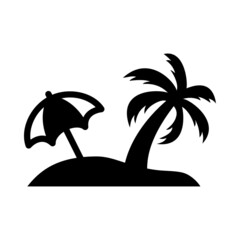 Fototapeta na wymiar Beach holidays. Destino de vacaciones. Icono plano silueta de isla con palmera y parasol en color negro