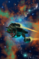 Fototapeta premium spaceship traveling in space, nebula and stars in the background, 3d illustration