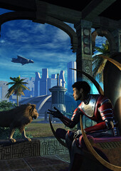 warrior in metallic uniform with a lion in a futuristic city, 3d illustration