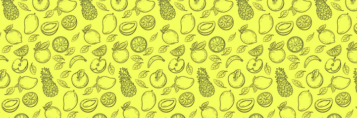Beautiful background with tropical fruits and leaves.
 Hand-drawn vector illustration of fruits. Vintage citrus design. For posters, prints, wallpapers.                 
