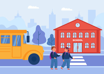 Bus next to cartoon children crossing road to school. Girl and boy walking outside, school entrance in background flat vector illustration. Education, transportation concept for banner, website design