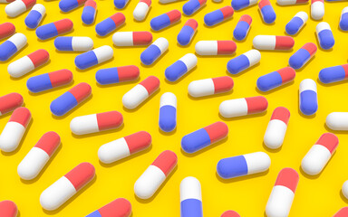 3d rendering illustration of medical pills. Modern trendy design. Yellow, blue and red colors.