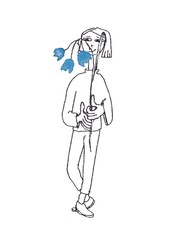 Girl with flowers hand drawn illustration 5100x7016