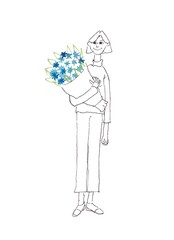 Girl with flowers hand drawn illustration 5100x7016