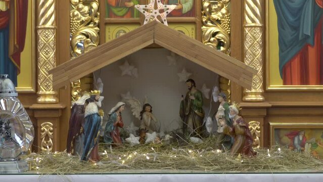 Christmas nativity scene with hay,nativity scene of Jesus Christ in the temple