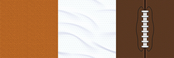 Textures of sports jersey, american football and basket balls surface. Vector realistic set of seamless patterns of pigskin leather with laces, white athletic shirt textile with wrinkles © klyaksun