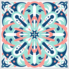 Traditional ornate Portuguese tiles azulejos. Ethnic folk ornament. The vintage pattern. Majolica. Vector decorative background. Indigo, Coral, Turquoise.