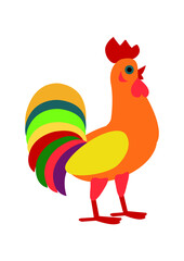 Rooster in bright colors, farm birds. Cute and funny colorful farm rooster, chicken, cock, cockerel, cartoon vector illustration isolated on white background. 
