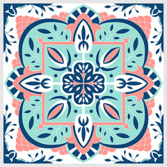 Traditional ornate Portuguese tiles azulejos. Ethnic folk ornament. The vintage pattern. Majolica. Vector decorative background. Indigo, Coral, Turquoise.