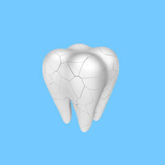 3d render illustration of cracked tooth. Simple icon for web and app. Modern trendy design. Isolated on blue background.