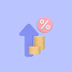 3d render illustration of 
income from cash deposits. Coins, up arrow and percent icon. Can be used for web and app. Modern trendy design. Isolated on blue background.