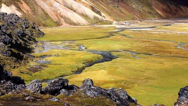 Magical and beautiful landscape Landmannalaugar at Fjallabak Nature Reserve of Iceland. Its known for the colorful rhyolite mountains, mixed vegetation and the hot springs