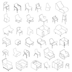 Set with contours of chairs and armchairs from black lines isolated on a white background. 35 decorative chairs and armchairs. Isometric view. Vector illustration